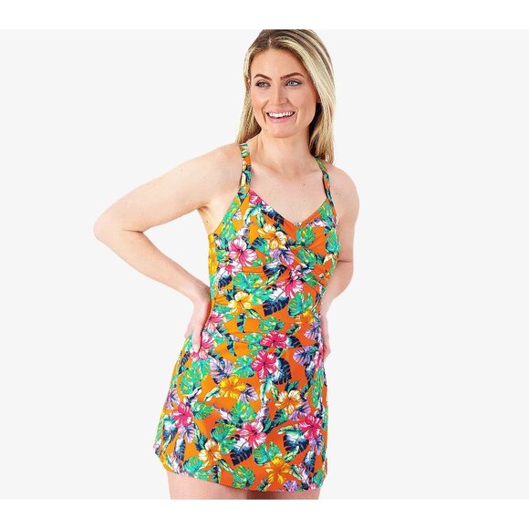 NWOT Denim & Co. Beach Regular Sweetheart Twist Front Swim Dress Sz 26W Orange - Picture 1 of 15